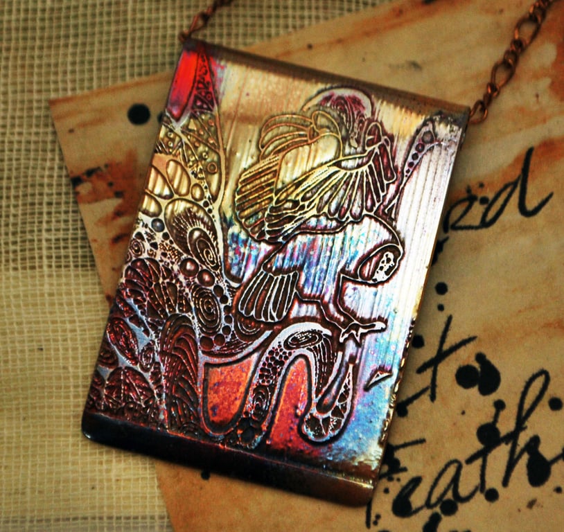 Etched copper owl pendant - copper pendant on brass chain