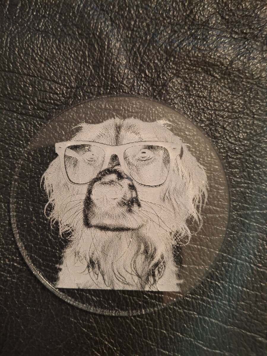Acrylic coaster of dog wearing glasses