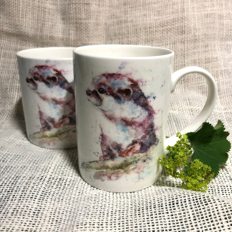 Otter Watercolour Bone China Mug, Wildlife Art Cups by Artist Sandi Mower