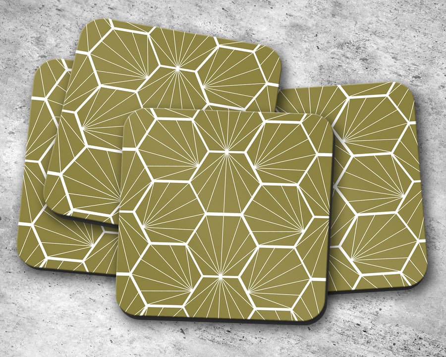 Set of 4 Coasters in Olive Green Hexagon Geometric Design