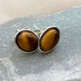 Sterling Silver Oval Stud Earrings with Tiger's Eye Gemstones