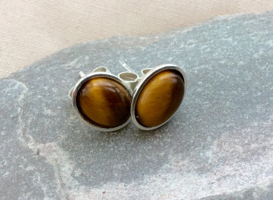 Sterling Silver Oval Stud Earrings with Tiger's Eye Gemstones