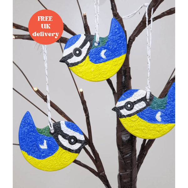 Bluetit - garden bird hanging decoration made of clay, gift for a bird lover