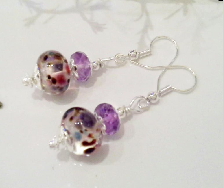 Hand Made Lampwork Bead & Faceted Amatrine Earrings Silver Plate