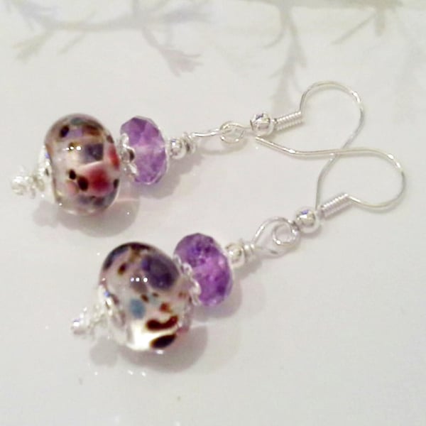 Hand Made Lampwork Bead & Faceted Amatrine Earrings Silver Plate