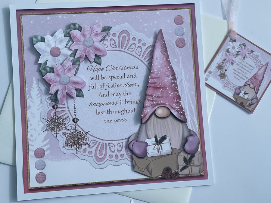 Festive cheer gorgeous pink gnome customisable Christmas card