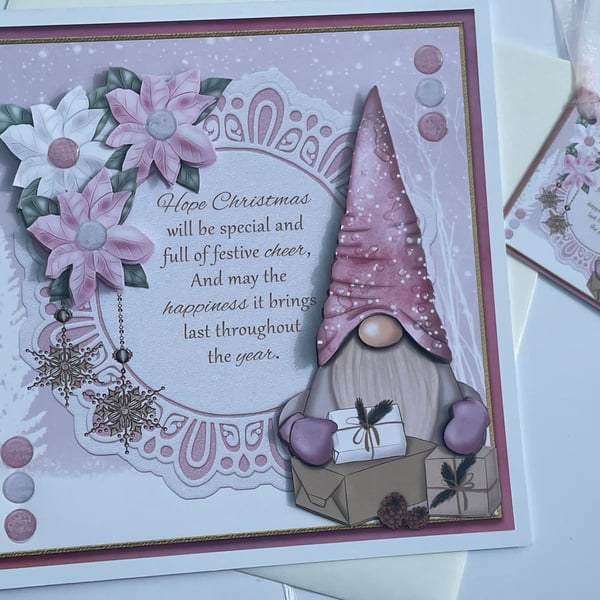 Festive cheer gorgeous pink gnome customisable Christmas card