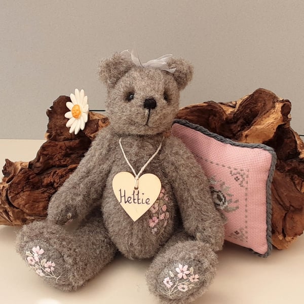 Artist bear & cushion, heirloom teddy bear, cross stitch cushion, UK designed 