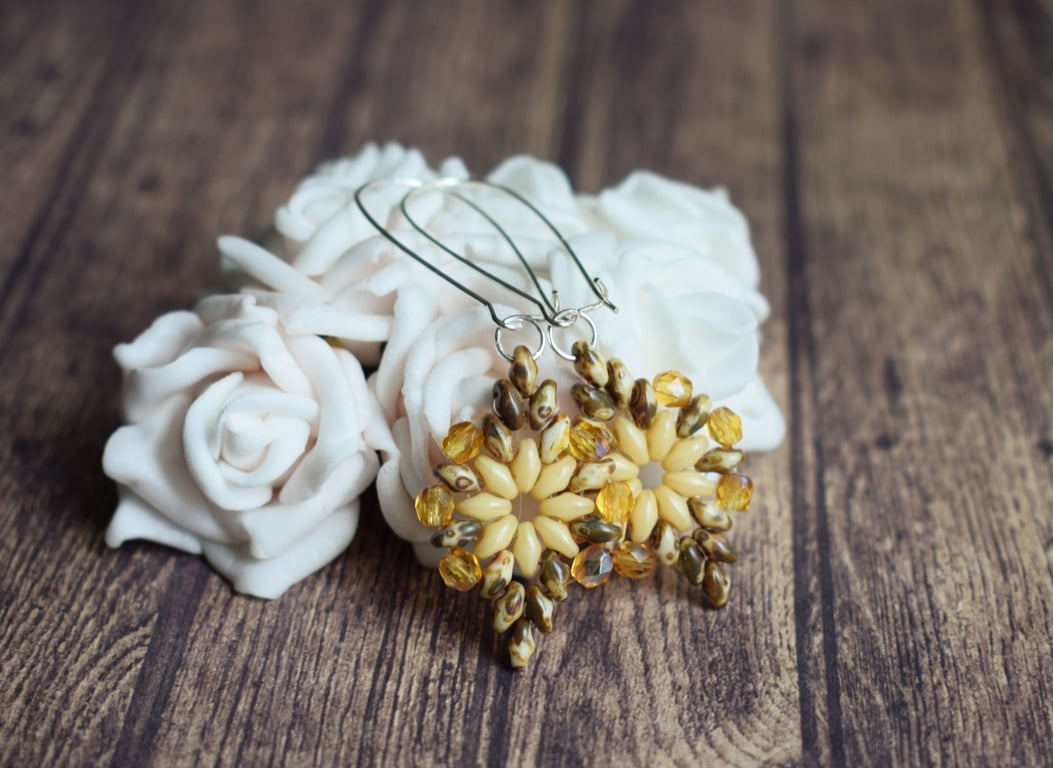 Vintage Style Beaded Earrings in Neutral Colours, Boho Jewellery
