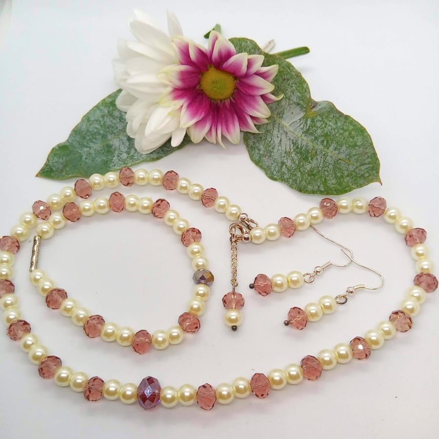 3 Piece Jewellery Set Made With Mauve Crystals and Cream Pearls, Gift for Her
