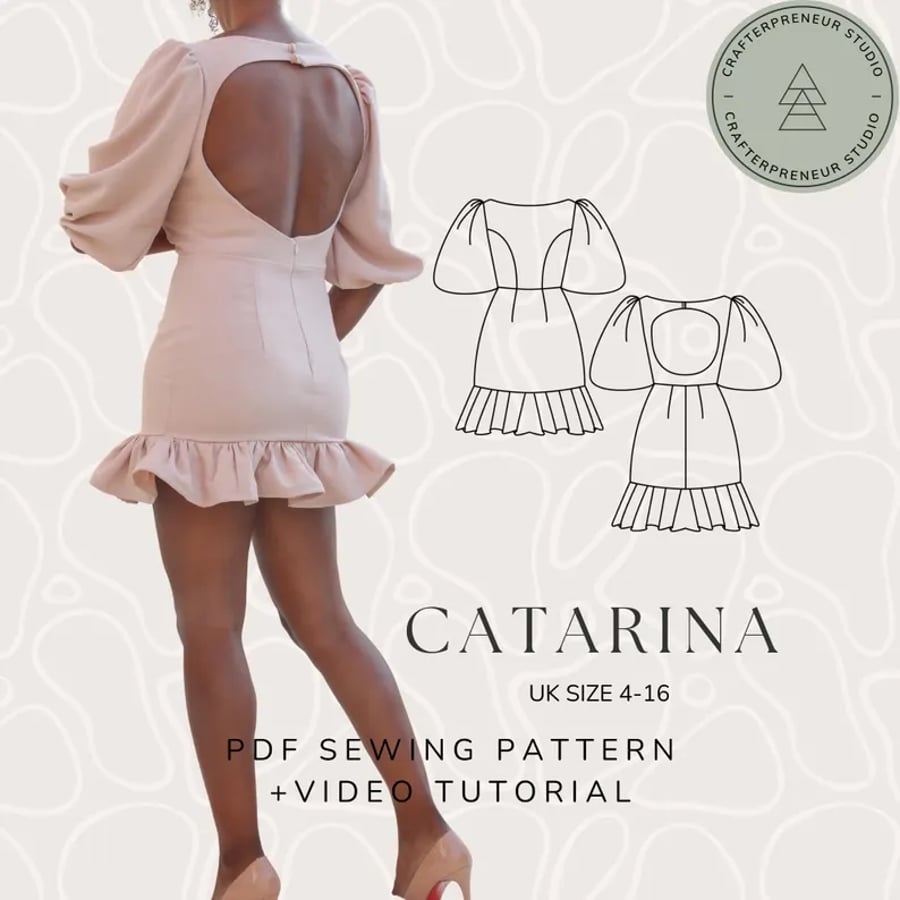 Backless Ruffle Dress Sewing Pattern - Balloon Sleeve, Catarina Design (PDF)