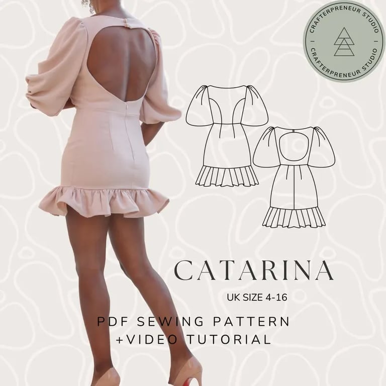 Backless Ruffle Dress Sewing Pattern - Balloon Sleeve, Catarina Design (PDF)