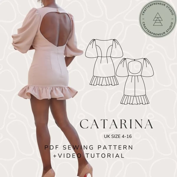 Backless Ruffle Dress Sewing Pattern - Balloon Sleeve, Catarina Design (PDF)