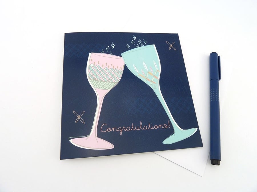 Congratulations card, featuring 2 wine glasses, for celebrations