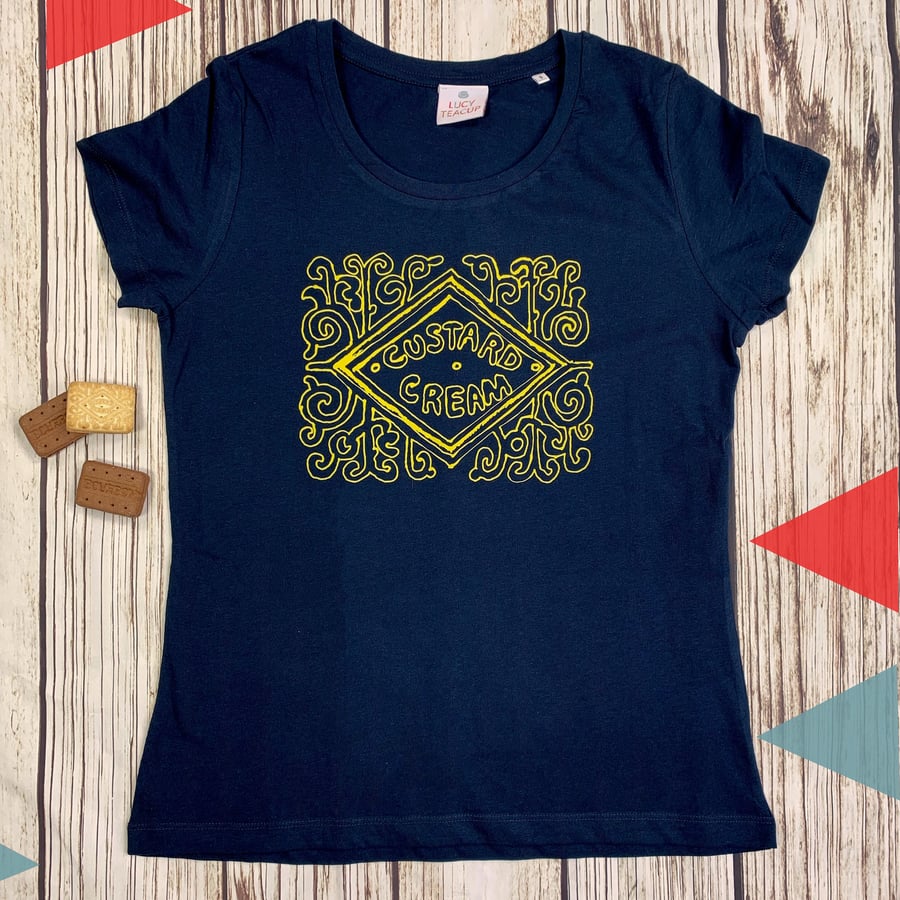 Organic cotton! Custard Cream Biscuit T-Shirt. Woman's Navy Blue top