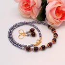 Dyed Jade Enamelled Bead Caps Silver Stars and Seed Beads Necklace and Earrings