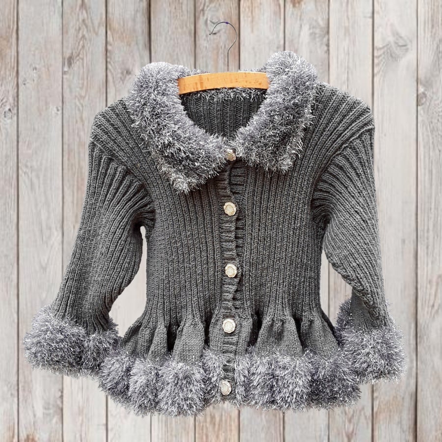 Grey knitted girls cardigan with tinsel yarn 30 inch chest Seconds Sunday