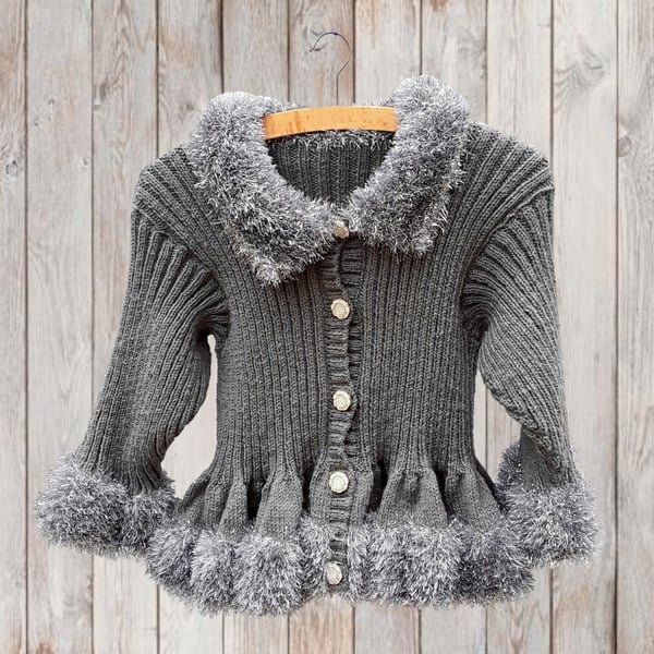 Grey hand knitted girls cardigan with sparkly tinsel yarn trim 30 inch chest