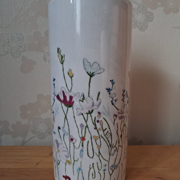 White Ceramic Vase with Hand-Drawn Floral Print