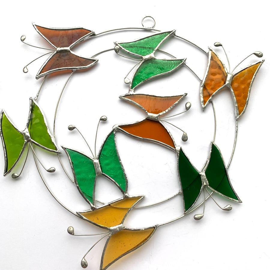 Stained Glass Butterfly Circle - Handmade Hanging Decoration - Amber and Green