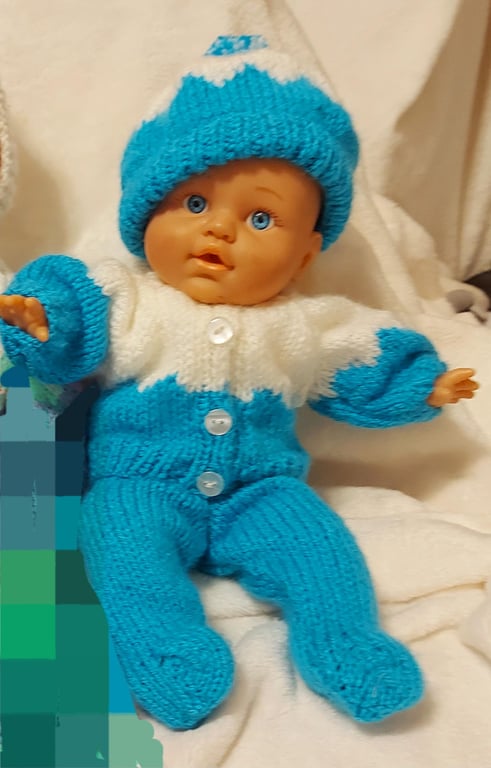 Baby Premature doll knitted deep turquoise and white outfit