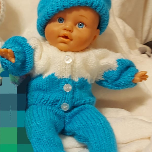 Baby Premature doll knitted deep turquoise and white outfit