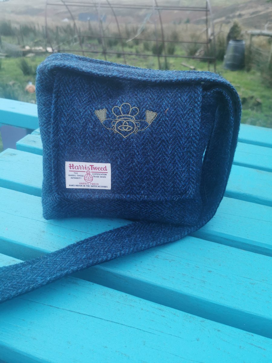 Harris Tweed crossbody bag with embroidered claddagh ring design
