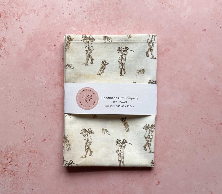 Fabric Handmade Pretty Cotton Tea Towel with a Vintage Golf Design