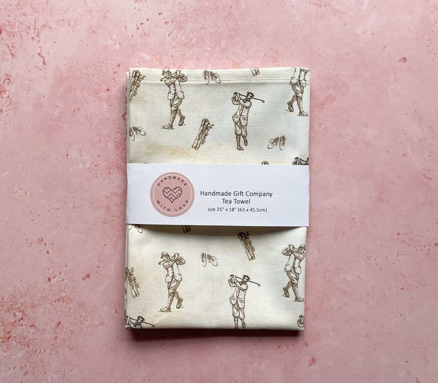 Fabric Handmade Pretty Cotton Tea Towel with a Vintage Golf Design