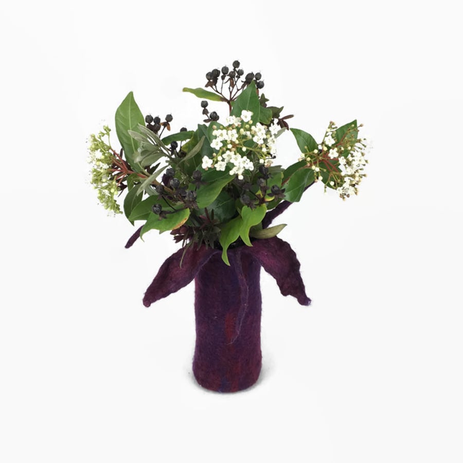 Flower vase, hand felted in purple merino wool with glass bottle insert