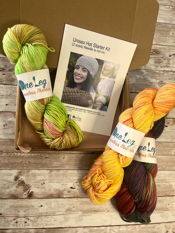 Hat knitting kit with one skein of hand dyed yarn
