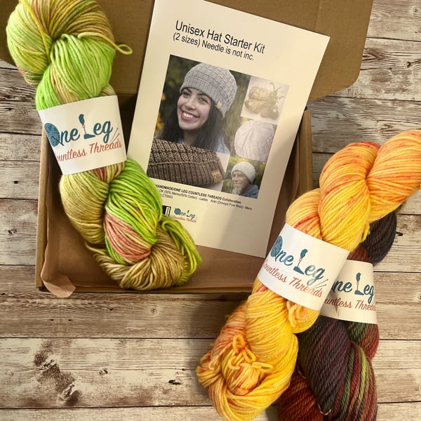 Hat knitting kit with one skein of hand dyed yarn