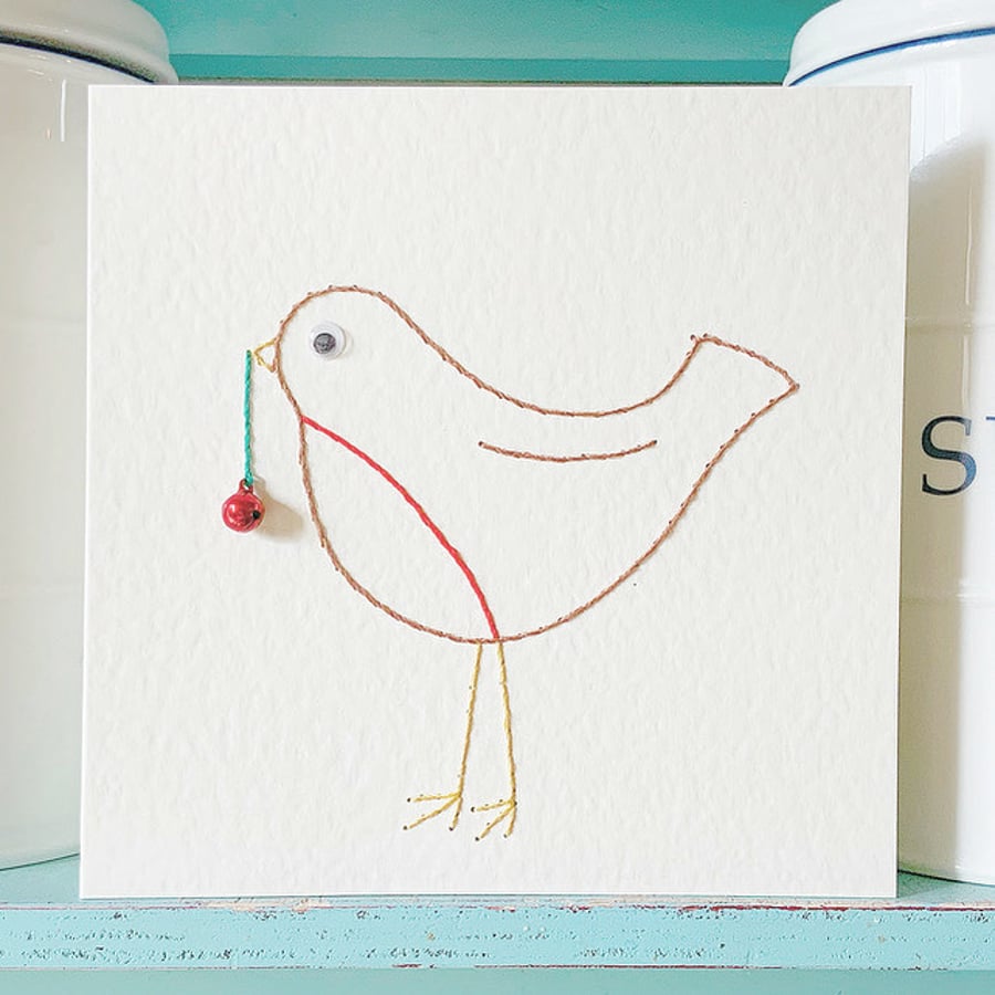 Robin Card. Hand Sewn Card. Christmas Card. Robins. (Bell Does Not Ring).