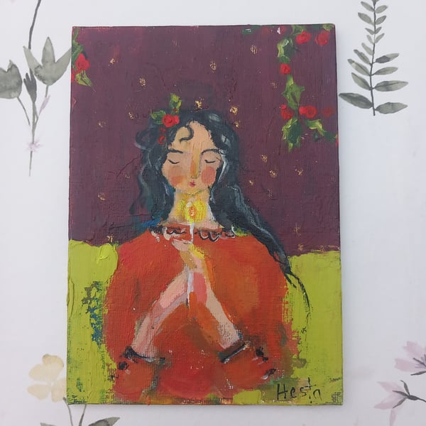 Winter blessings small painting . girl hold candle 