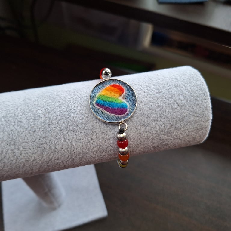 LGBT Rainbow Heart Bracelet, Needle Felted on Upcycled Denim with rainbow beads