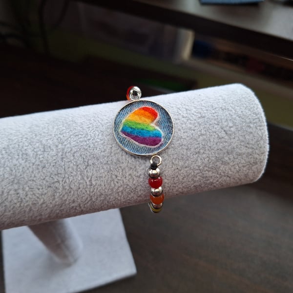LGBT Rainbow Heart Bracelet, Needle Felted on Upcycled Denim with rainbow beads