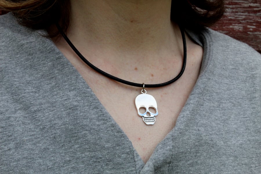 Large skull charm leather thong necklace - Folksy