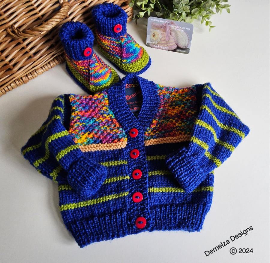 Designer Hand Knitted  Baby Cardigan & Booties Set 3-6 months 