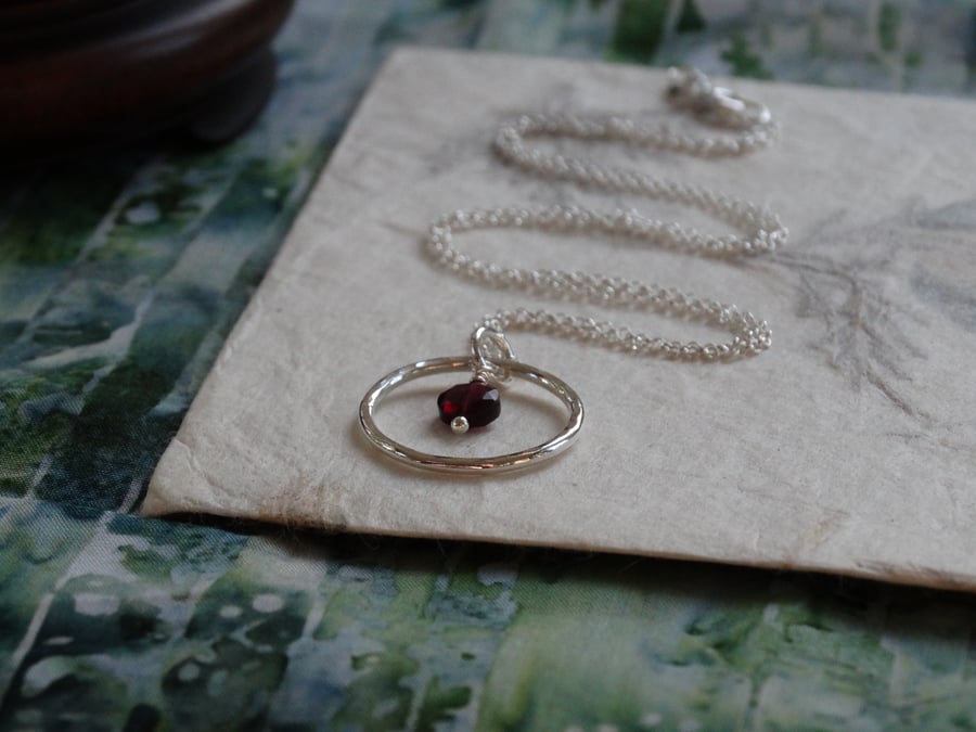 Silver hoop pendant with garnet - recycled silver pendant - January birthstone