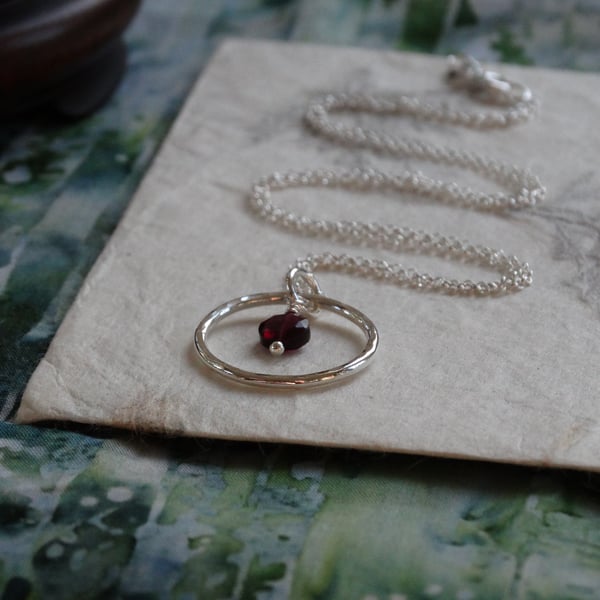 Silver hoop pendant with garnet - recycled silver pendant - January birthstone