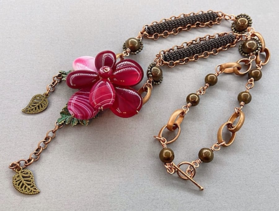 Boho Rustic Flower Necklace and Earrings Set, Agate & Pyrite