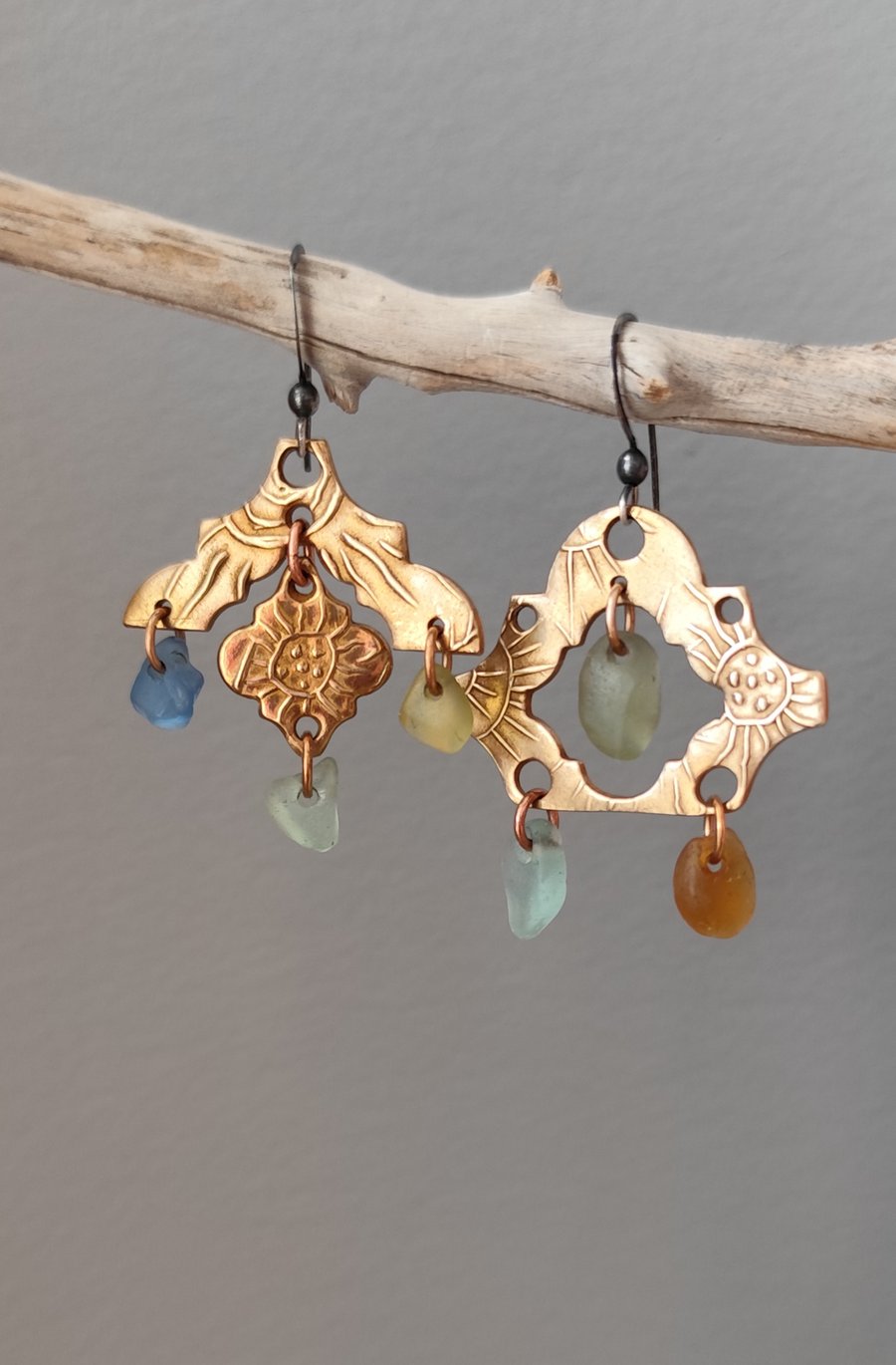 Seaglass party earrings, bronze metal clay, unique jewellery, recycled material
