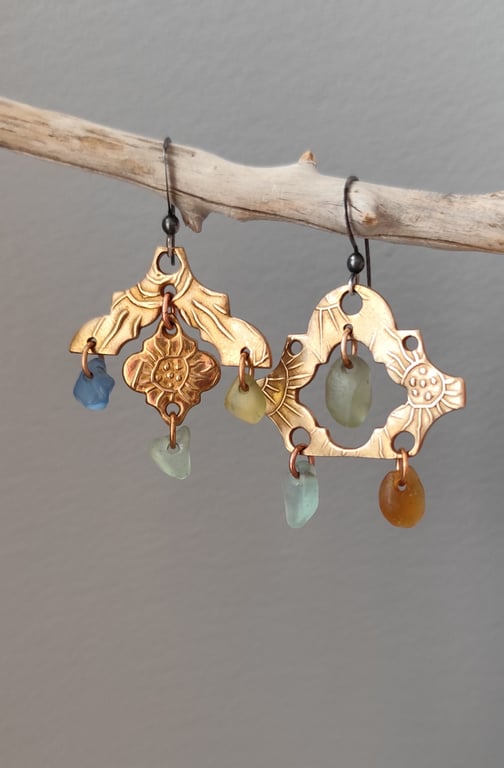 Seaglass party earrings, bronze metal clay, unique jewellery, recycled material