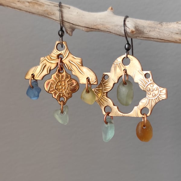 Seaglass party earrings, bronze metal clay, unique jewellery, recycled material