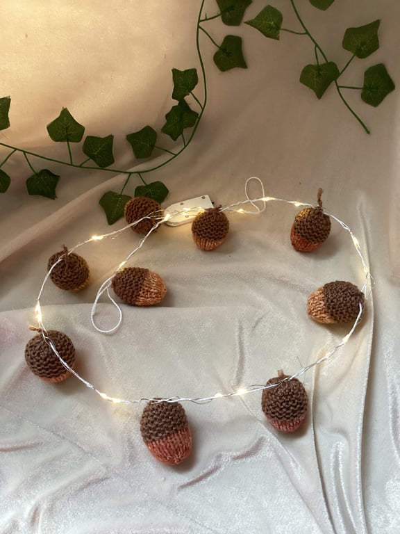 Hand Knitted Autumn Acorn Bunting with Fairy lights. Free Postage.