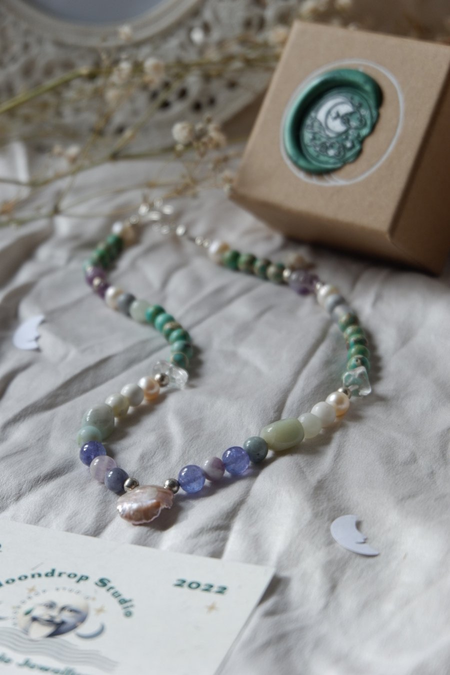 Sterling silver Keishi pearl, Tanzanite & turquoise gemstone beaded necklace