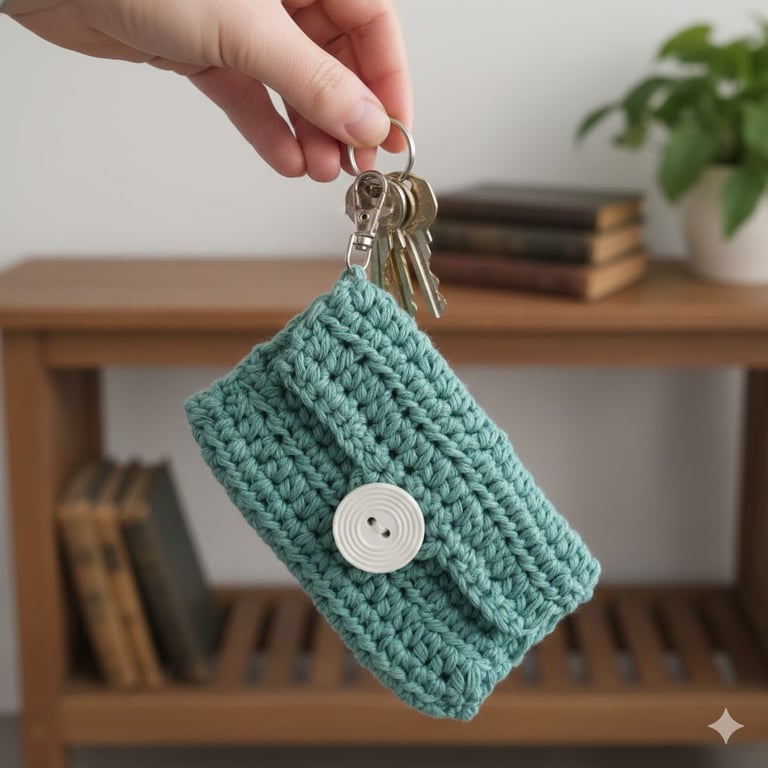Handmade Crochet Keychain Wallet Pouch Mini Card Holder Key Bag Teal Case Button