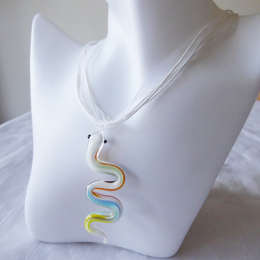 White Ribbon & Cord Adjustable Necklace B with Lampwork Glass Snake