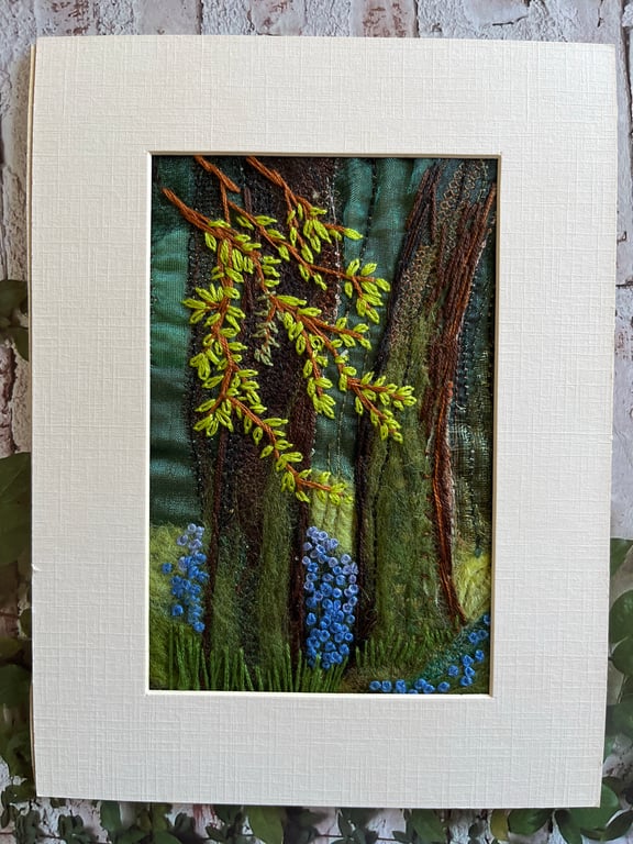 Bluebell woodland picture needle felted and embroidered. 