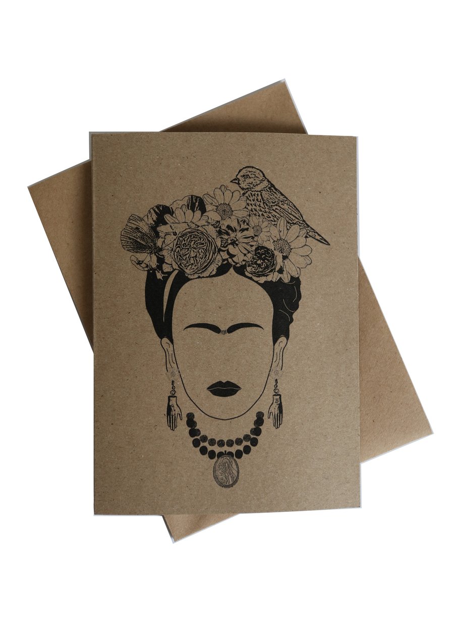 Greeting card - Brown Kraft Paper with black print - inspired by Frida kahlo 
